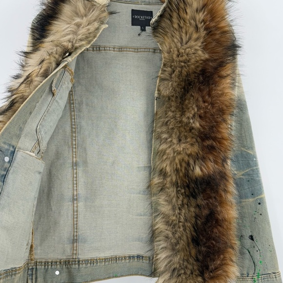 Rockstar Original Fur Trim Denim Paint Splatter Hooded Jean Jacket L - Picture 10 of 16